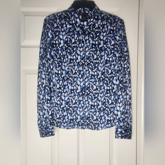 Grace DaneLewis 8 BlackBlue 96%SILK FloralPrint Lsl ButtonsUp Women ShirtBlouse - Picture 1 of 7